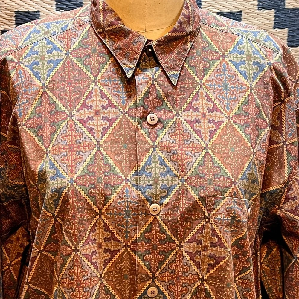 VINTAGE 80s Banana Republic Safari 100% cotton button down‎ shirt argyle diamond